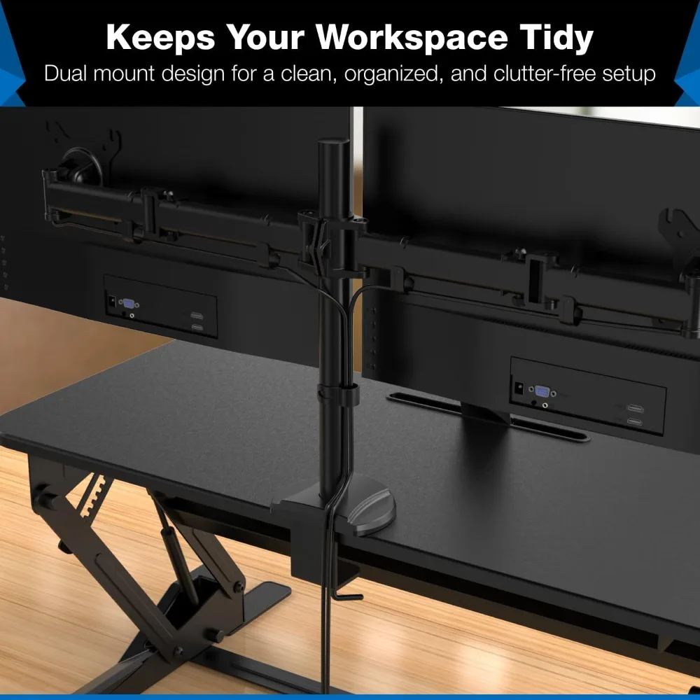 "ergonomic dual monitor standing desk converter, height adjustable desk riser with 2 mounts, black"