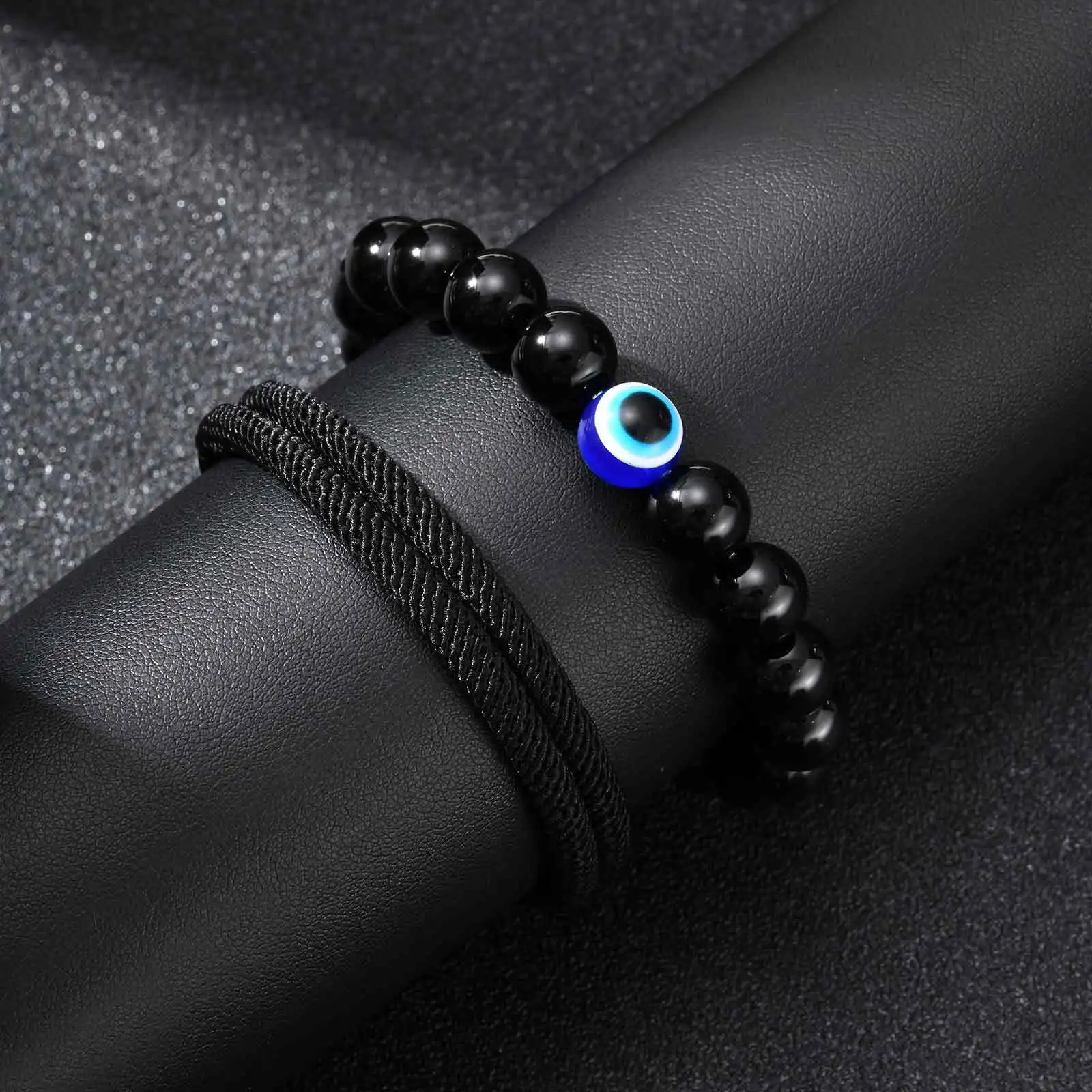 2pcs Devid Eye Beaed Bracelet for Men Boys,Cool Black Color Adjustable Rope Wristband,Türkiye Birthday Party Anniversary Gift
