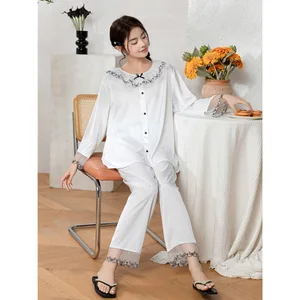 Lace O-Neck Pajamas Sleep Suit Women 2Pcs Sleepwear Home Clothing Spring Long Sleeve Trousers Set Casual Nightwear Pyjamas