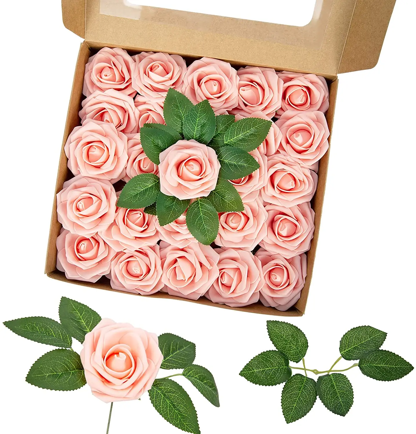 Künstliche Blumen, errötende Rosen, 25 Stück, realistische Kunstrosen mit/Stiel für selbstgemachte Hochzeitssträuße, Mittelstücke, Party, Heimdekoration