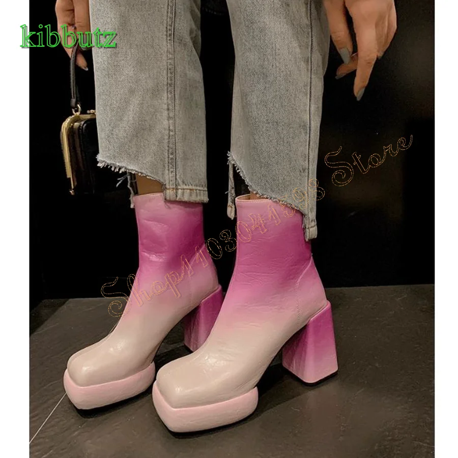 

Mixed Color Leather Mid Calf Boots,Thick Sole Flat Toe High Heel Boots Thick Heel Zipper Women Boots2024 New Zapatos Para Mujere
