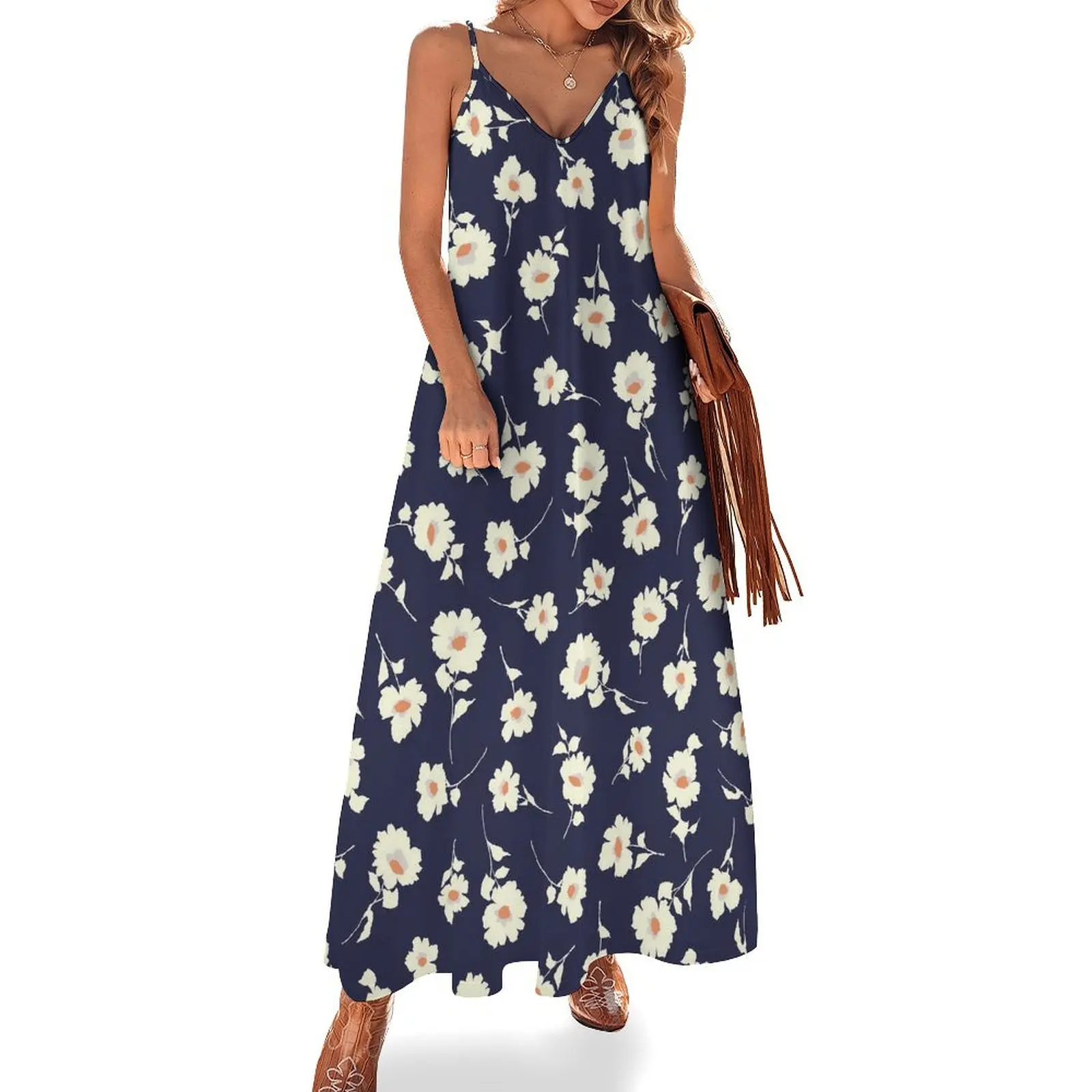 

Cute Daisies Dress Floral Blossom Elegant Maxi Dress Strap Aesthetic Boho Beach Long Dresses Summer V Neck Oversized Clothes