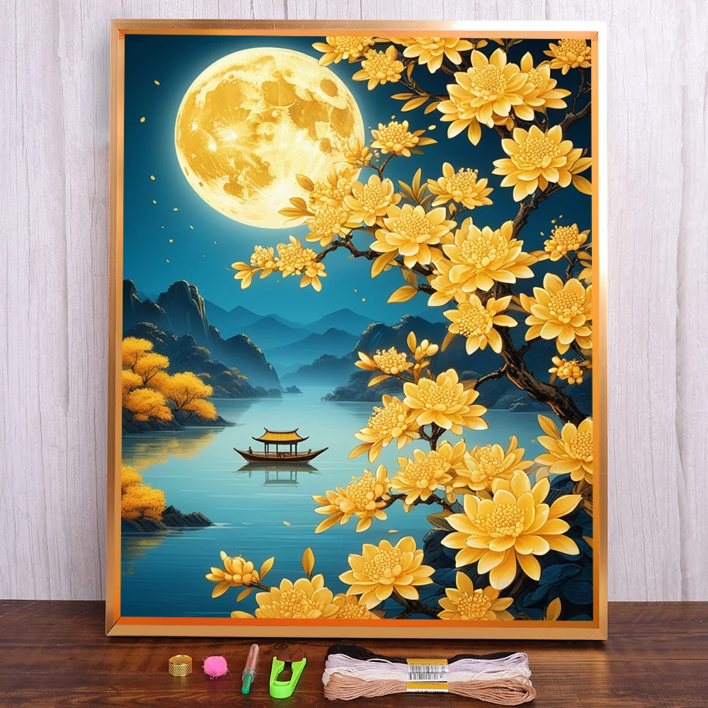 Mondnacht Blume bedruckte Leinwand 11CT Kreuzstich DIY Stickerei Komplettset Handarbeit Handarbeit Nähen Verkaufspaket Geschenk