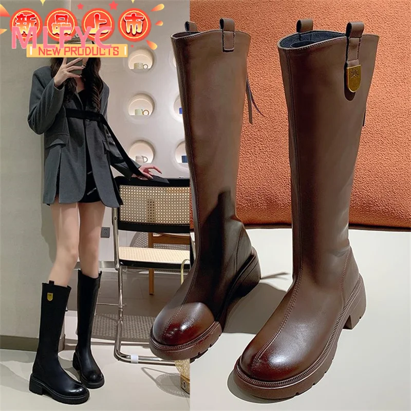 

High barreled women's long boots autumn and winter new vintage thick heels back zippered knight boots medium heeled shoes