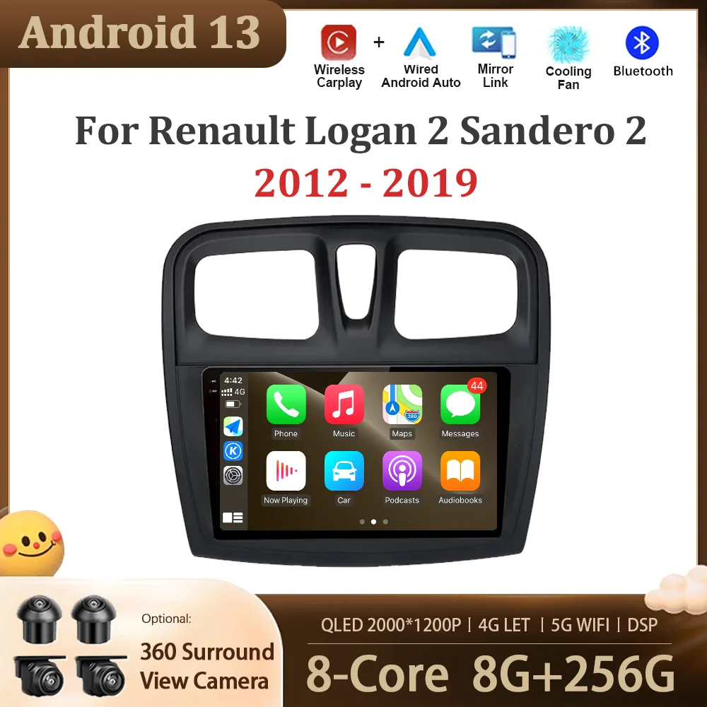

Автомобильный мультимедийный радиоплеер для Renault Logan 2 2012 - 2019 Android 13 GPS навигация IPS экран стерео WIFI CarPlay Bluetooth