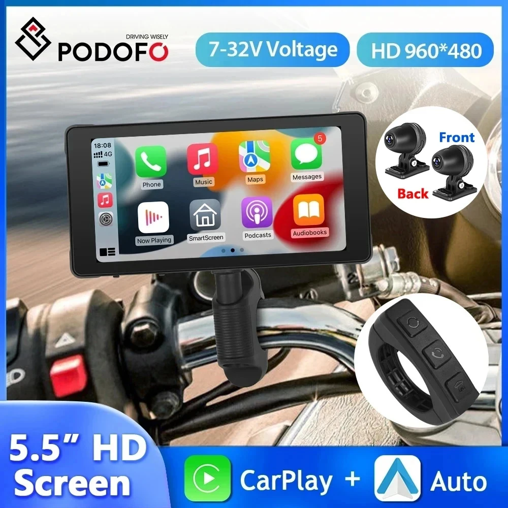 Podofo 5.5'' Motorcycle Portable IP67 Waterproof Wireless Carplay Android Auto Car display Monitor display Car dash cam Car Monitor Bluetooth WIFI DVR Drive Recorder