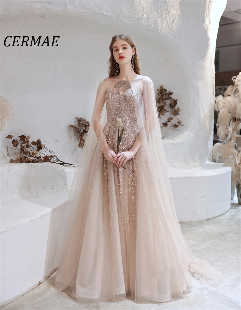 

CERMAE High Quality Strapless Shawl Evening Gown A-Line Prom Champange Party Formal Dresses for Women 2023 PHOTO FACTORY PRICE