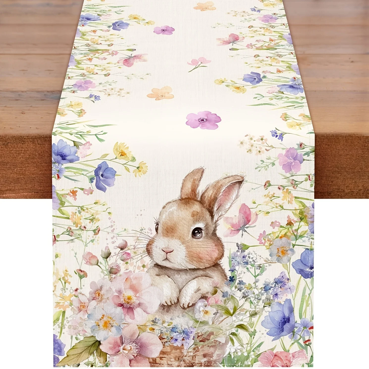 Happy Easter Table Runner - 13x72" Bunny Rabbit Watercolor Design For Spring Party - View #3