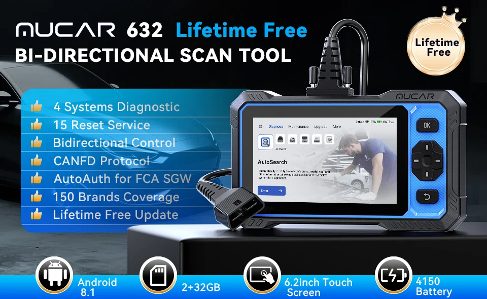 MUCAR 632 AI Automotive Tools Life Free OBD2 Scanner CANFD 15 Reset 4 System Life Free Bidirektionales Diagnosegerät Auto OBD Scanner – Detail 1