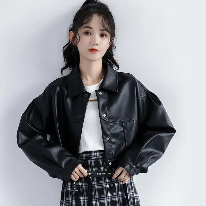 DAYIFUN 2023 Autumn New PU Leather Jacket Lady Hong Kong Style Short Black Coat Women's Loose Handsome Spring Autumn Casual Tops black blazer little girl 2023 korean style design sense small hong kong fashion network red suit