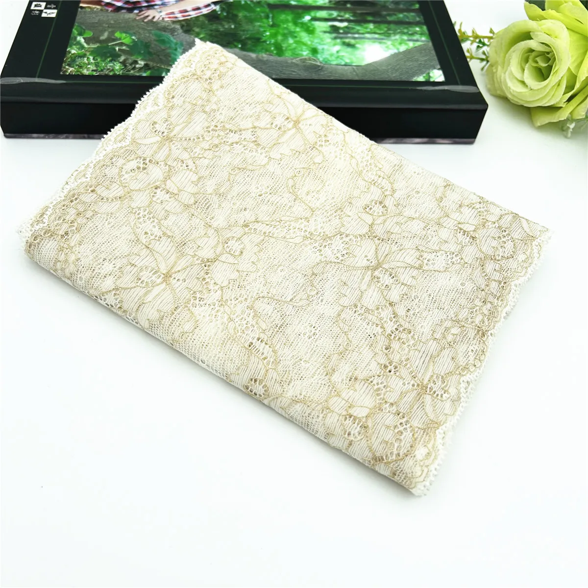 3y/lot Width 19cm Ivory Gold Elastic Stretch Lace Trim For Clothing Accessories Dress Sewing Applique Costume Lace Fabrics 1