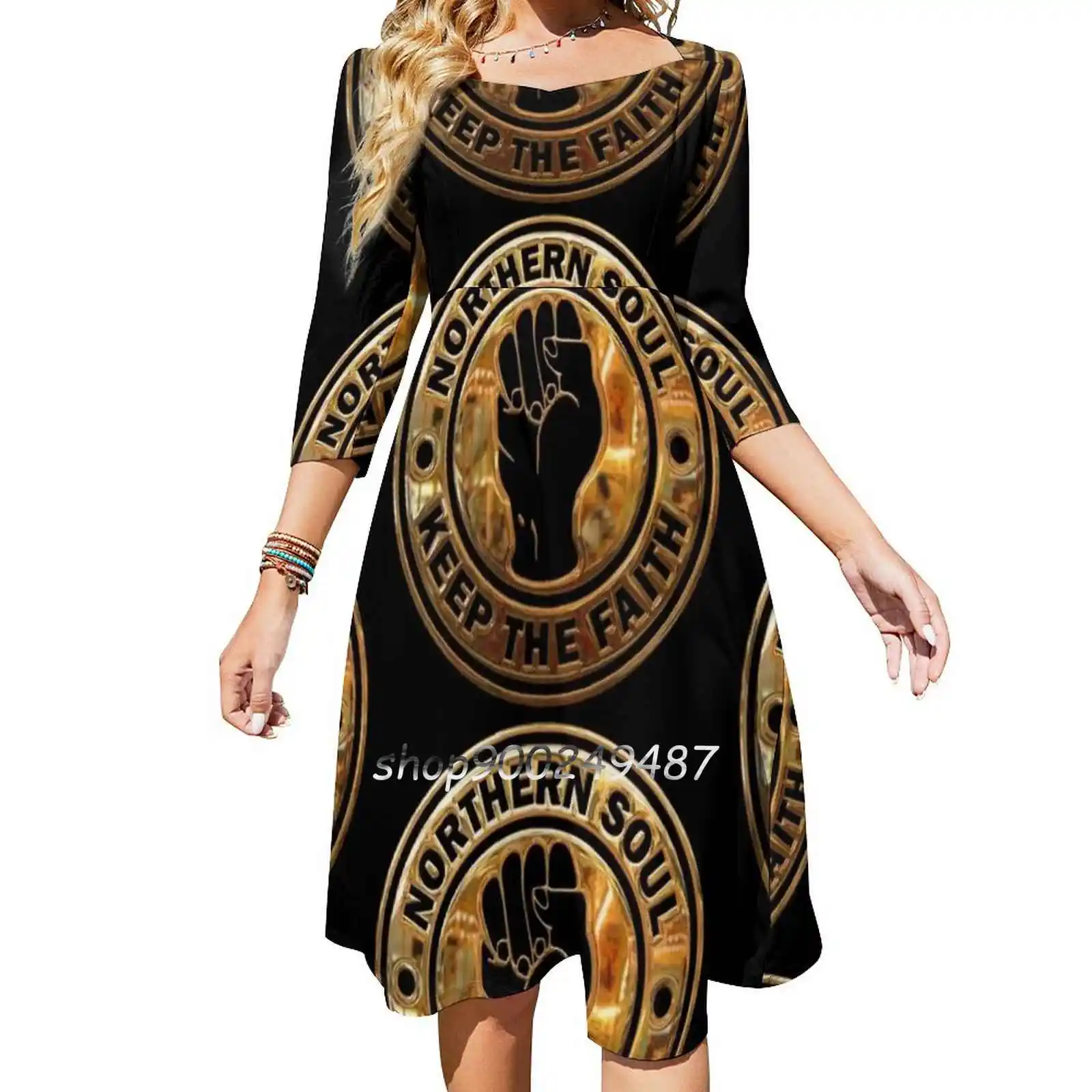 

Northern Soul Keep The Faith Logo Gold And Black Flare Dress Square Neck Dress Elegant Female Fashion Printed Dress Northern