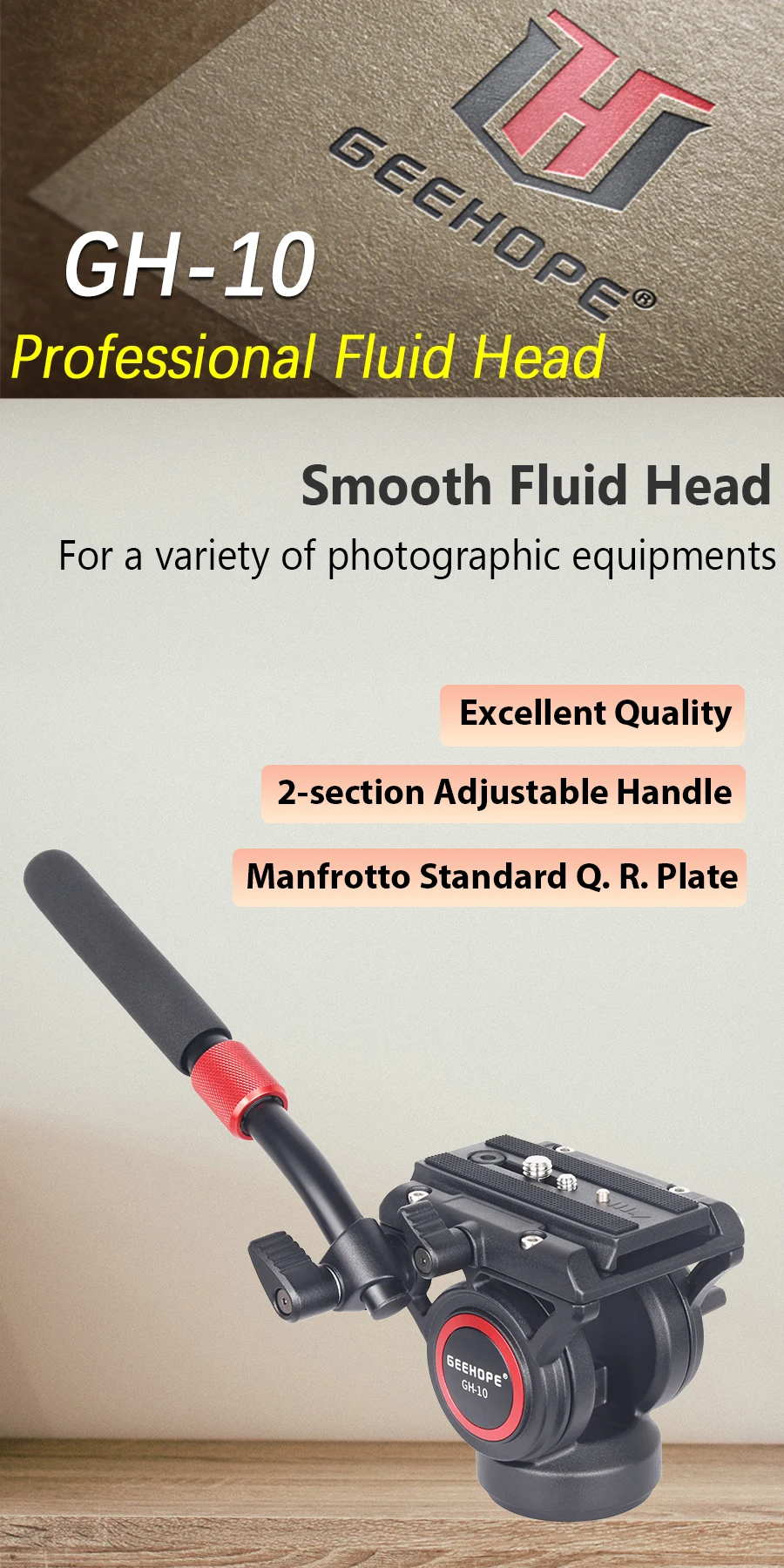 GH-10 Fluid Video Head, with 1/4" and 3/8" Screws Sliding Plate Maxload 10kg fo