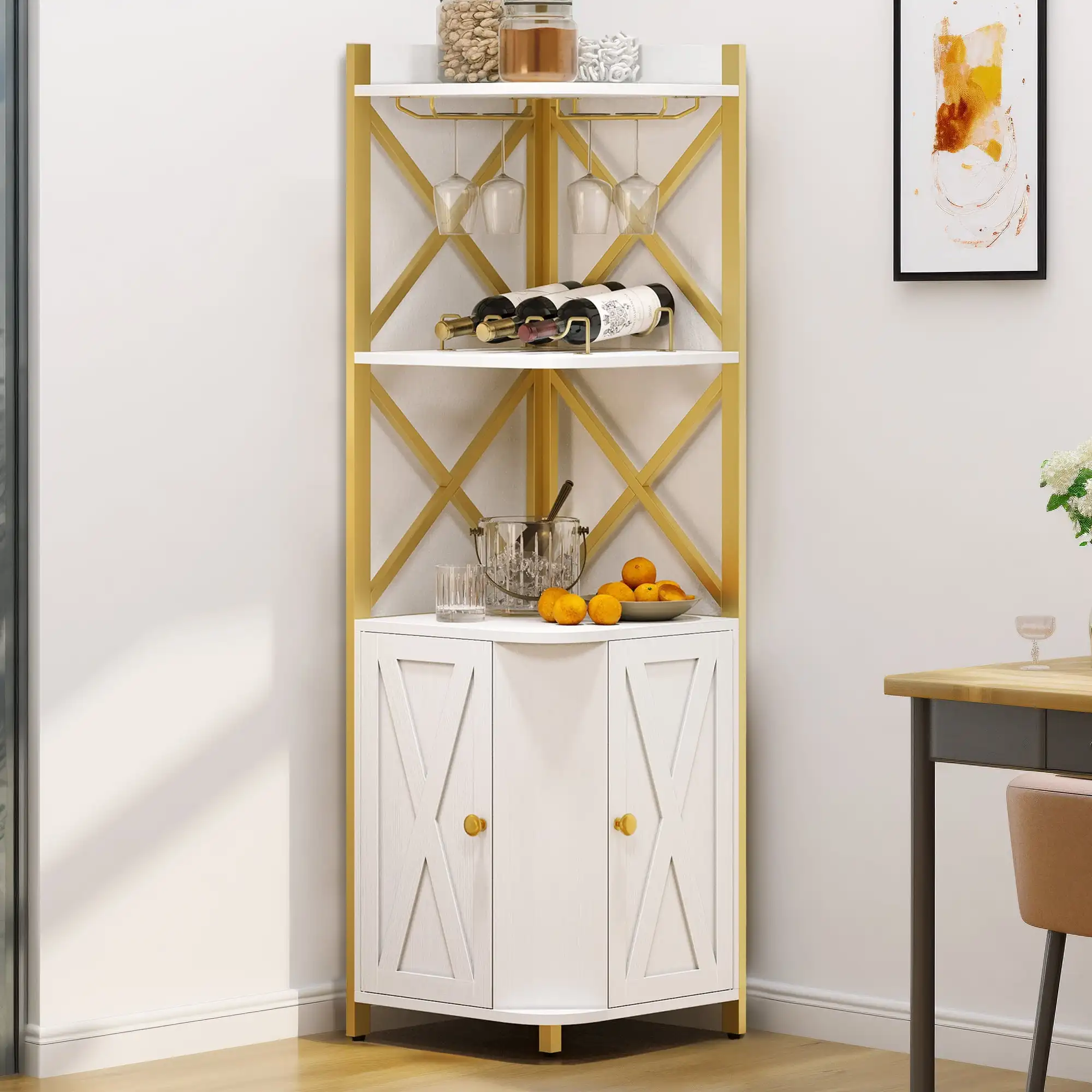 

62.8" 5 Tiers Bar Cabinet for Liquor and Glasses, Corner Shelf with Doors & Wine Rack, Sideboard Buffet Cabinet, White & Gold