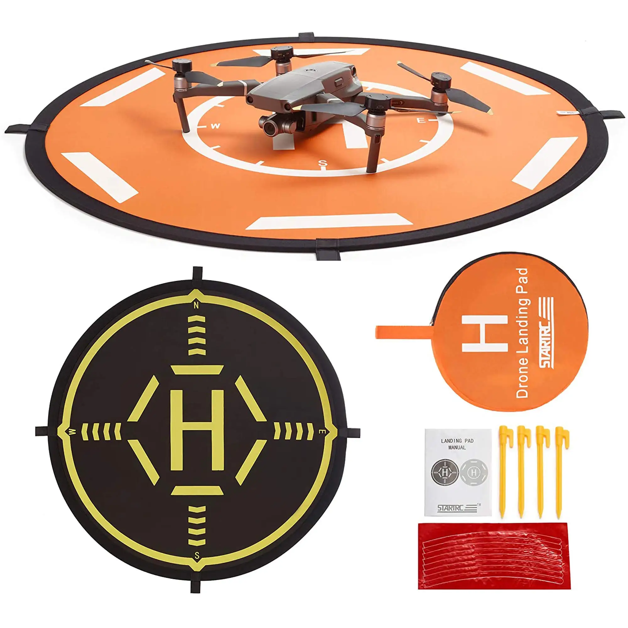 Tapis d'atterrissage pour drone 80cm orange déplié sur herbe, imperméable et pliable avec haute visibilité.