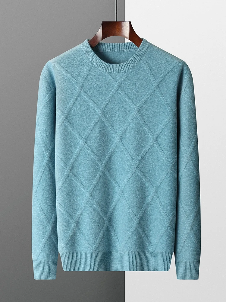 

ADDONEE Men Autumn Winter Thick Cashmere Sweater O-neck Rhombus Knit Pullover 100% Merino Wool Knitwear Smart Casual Clothing