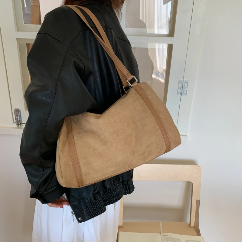 Suede Leather Casual Handbag Solid Color Versatile Shoulder Bag Large Capacity Elegant Boston Bag Travel Shopping Date Bag