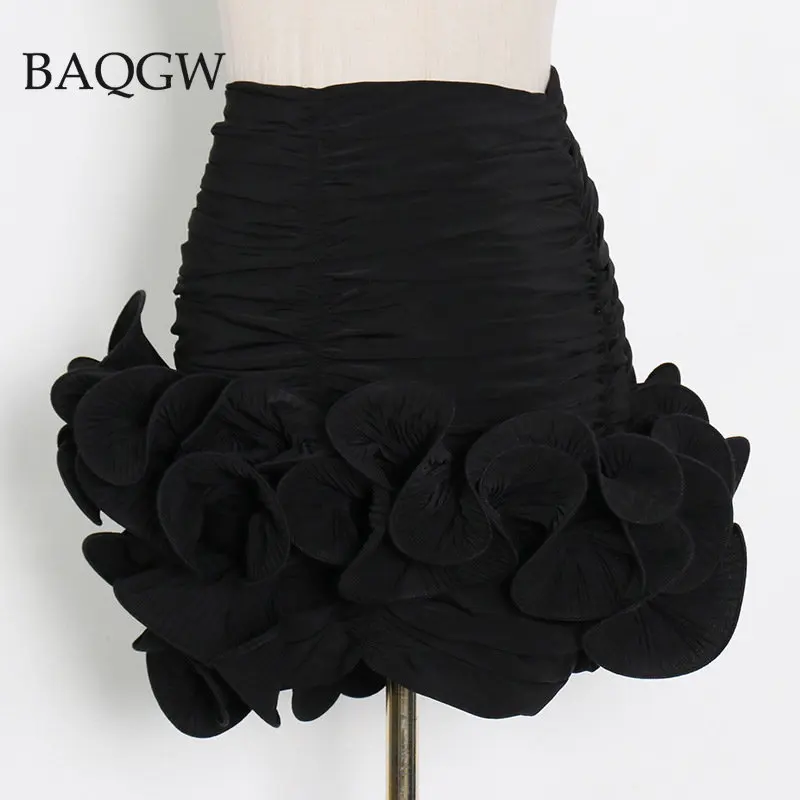 Streetwear Black Asymmetrical Hem Skirt for Women High Waist Ruffle Fold Pleated Design Skirts Female 2023 Spring Clothes New