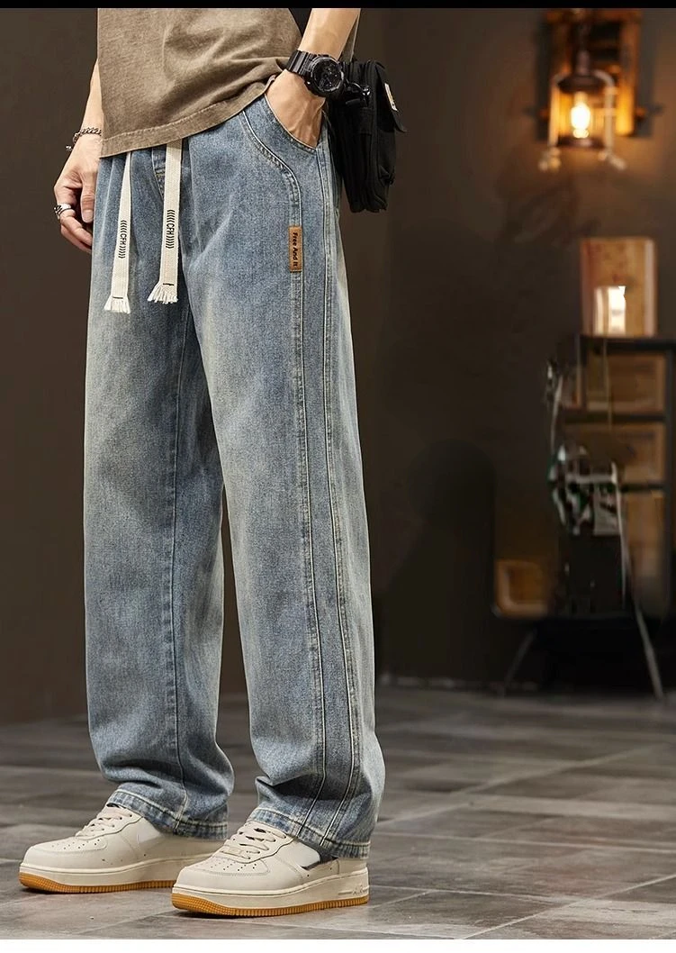 ☆韓国の人気☆【DIAGONAL】☆RELAXED WIDE DENIM PANT.S☆ Elastic loose straight jeans men's wide legged denim pants
