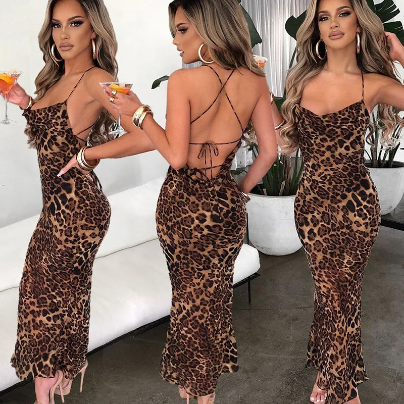 Women Leopard Print Lace Up Evening Dress