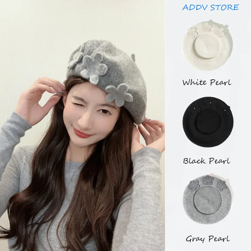 

Autumn Winter Parent-Child Hat Y2k Wool Flower Beret Versatile Painter Hat High Quality French Girl Hat