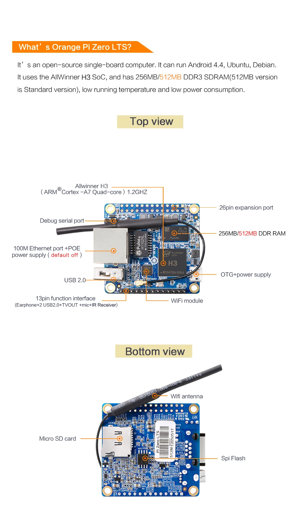 Orange Pi Zero LTS 512MB H3 Quad-Core,Open-Source Single Board Computer, Run And