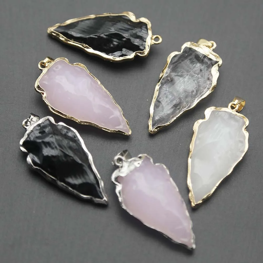 Electroplated Wrap Edge Arrow Shaped Triangle Obsidian Rose Quartz Pendants Jewelry DIY Popular Pendant Necklace Wholesale 6Pcs