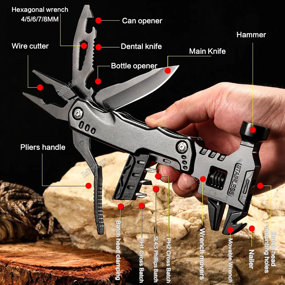 12 in 1 Multitool EDC Tool Universal Folding Pliers Hammer Wrench Claw Knife Screwdriver Combinati Tool forCamp Outdoor Survival 2