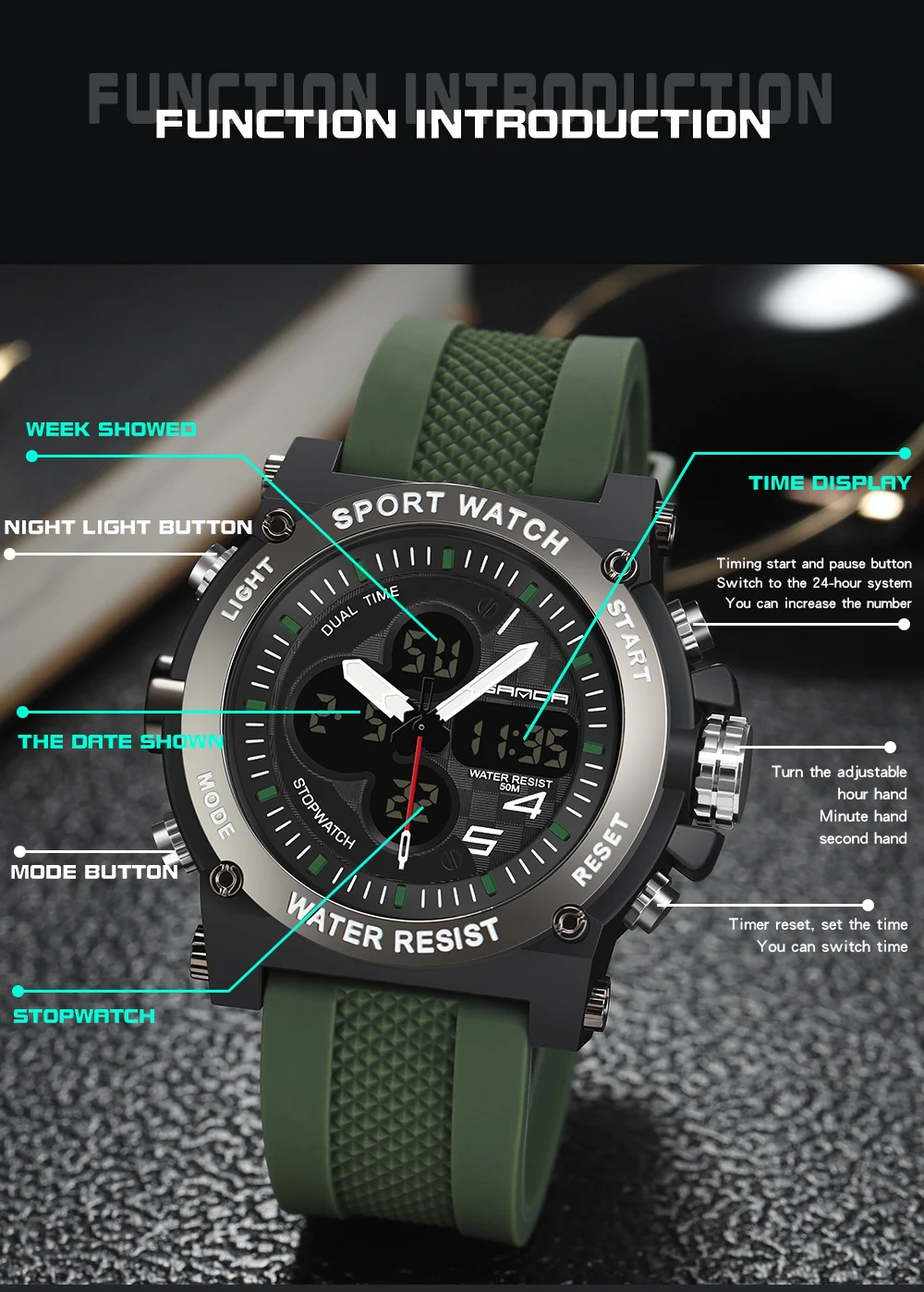 SANDA Mens Watches Outdoor Sports Multifunction Dual Display Watch Luminous LED 50M Waterproof Watch Men Relogio Masculino 3107