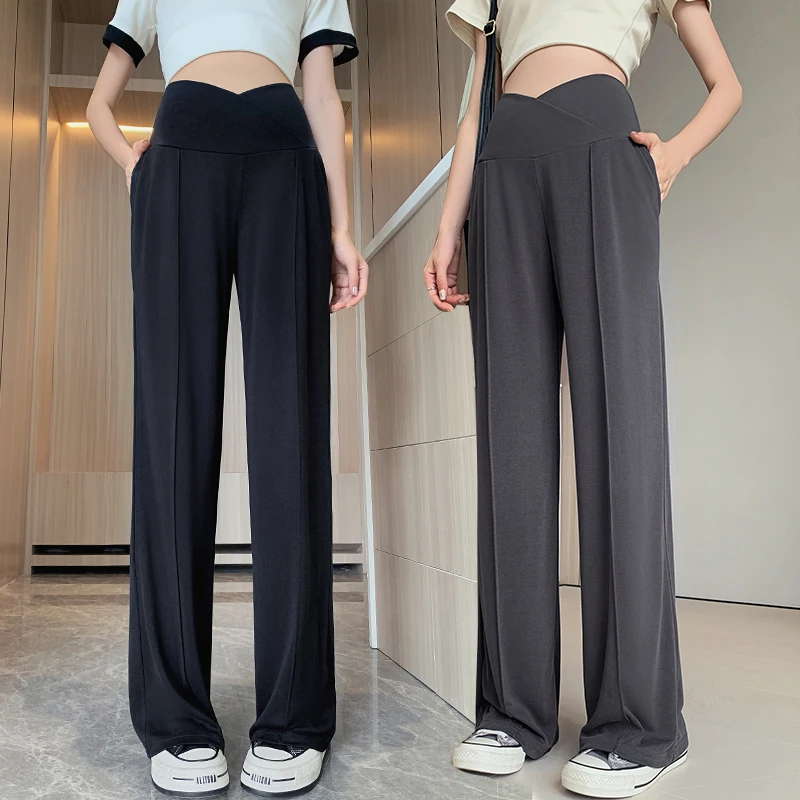 809# Autumn Spring Fashion Maternity Straight Pants Wide Leg Loose Across V Belly Trousers Clothes for Pregnant Women Pregnancy