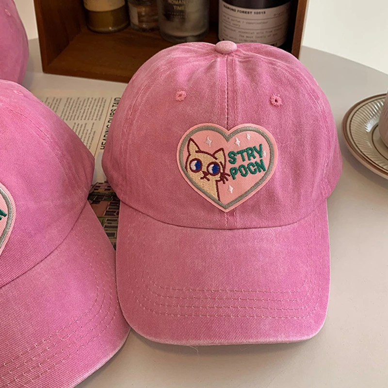 Valentine's Day Pink Love Women Baseball Cap Cute Kitten Adjustable Snapback Hat Soft Top Cotton Leisure Sunbonnet Girls Sunhat baseball cap sun hat