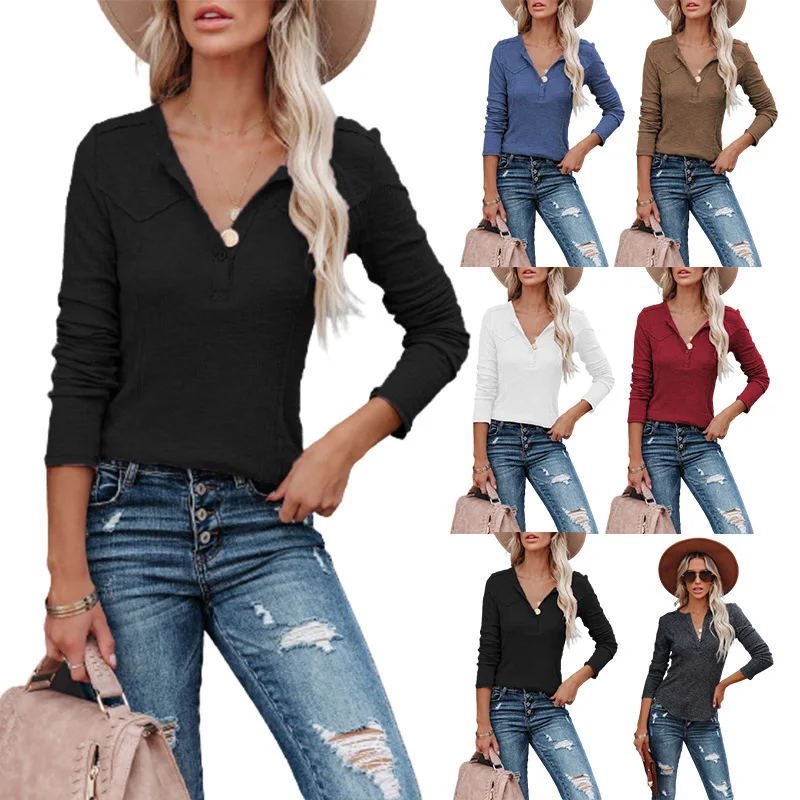 

Autumn Winter New Women's T-Shirt Pullover Long-Sleeved Solid Color Pit Strip Knitted Casual Fashion Button Top T-Shirt Women
