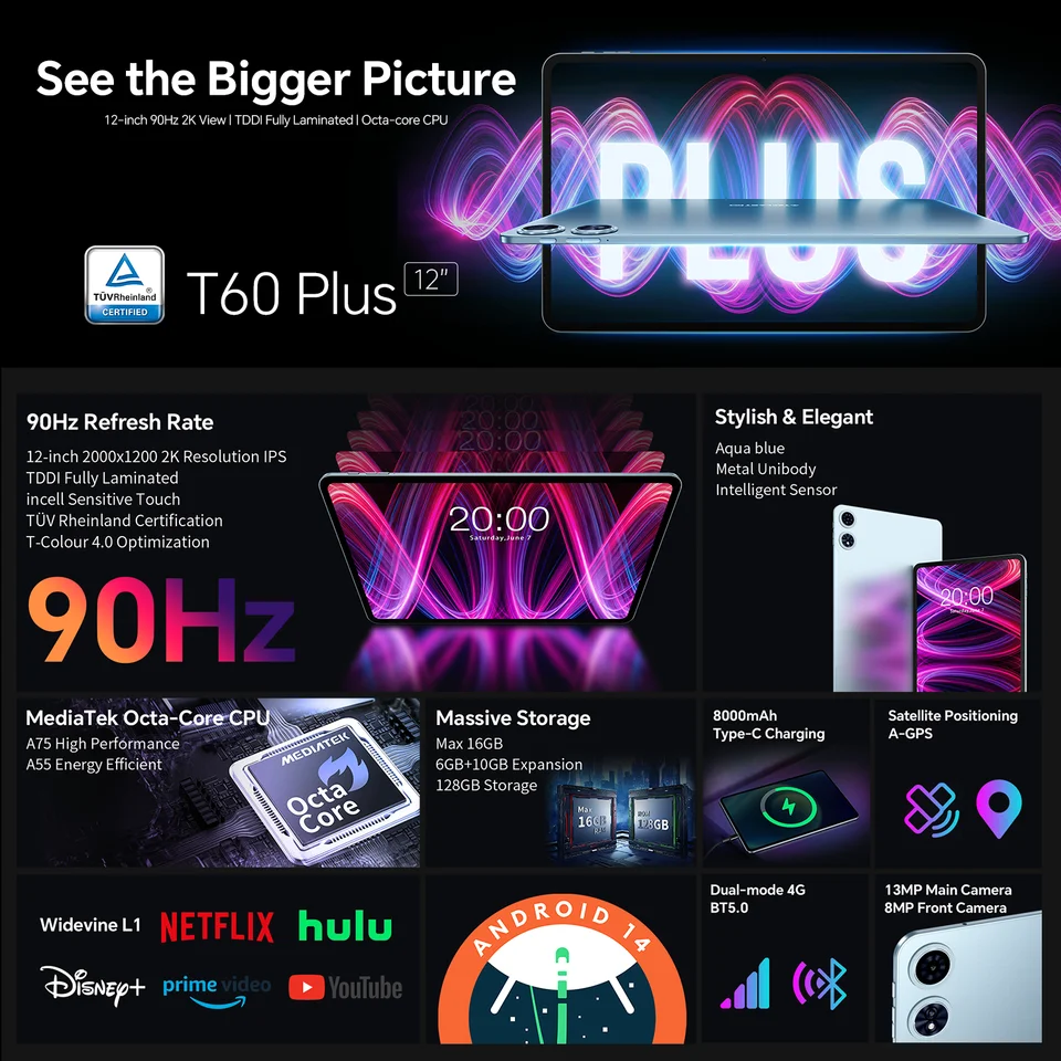 Teclast T60 Plus 12 インチ タブレット 90Hz 2K ディスプレイ Android