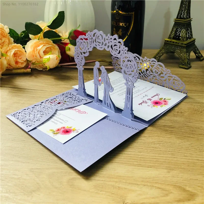 (10 pieces/lot) 3D Pop-Up White Wedding Invitation Card Tti-folded Laser Cut Pocket Bride & Groom Greeting Invite Cards