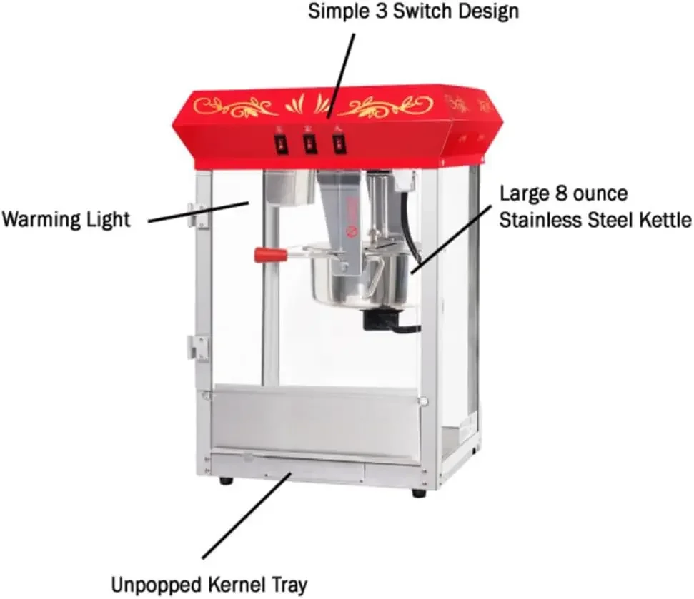 Northern Popcorn Company 83-DT5634 8oz Popper with Stainless-Steel Kettle, Reject Kernel Tray, Warming Light and Accessories, 8 3