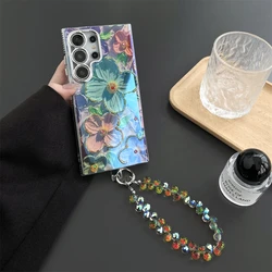 Luxury Flower Pattern Glitter Laser Phone Case with Wrist Strap Rope Cover for S22 Ultra (Blue Khaki)