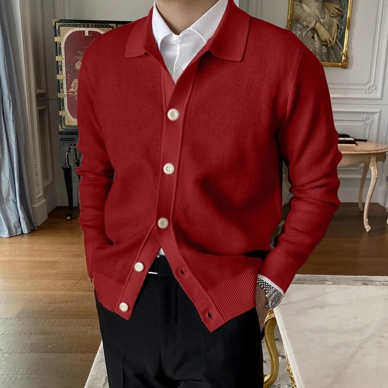 2023 Spring Autumn New Cotton Knitted Cardigan Slim Long Sleeve Button Korean Men's Fashion Lapel Sweater Simple Casual Coat 3