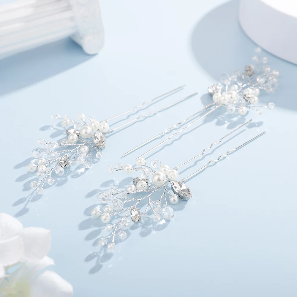 Pearl Rhinestone Bridal Headpiece Handmade Silver Gold Wedding Hair Pins Party Hair Accessories for Women and Girls Tiaras 3 Pcs