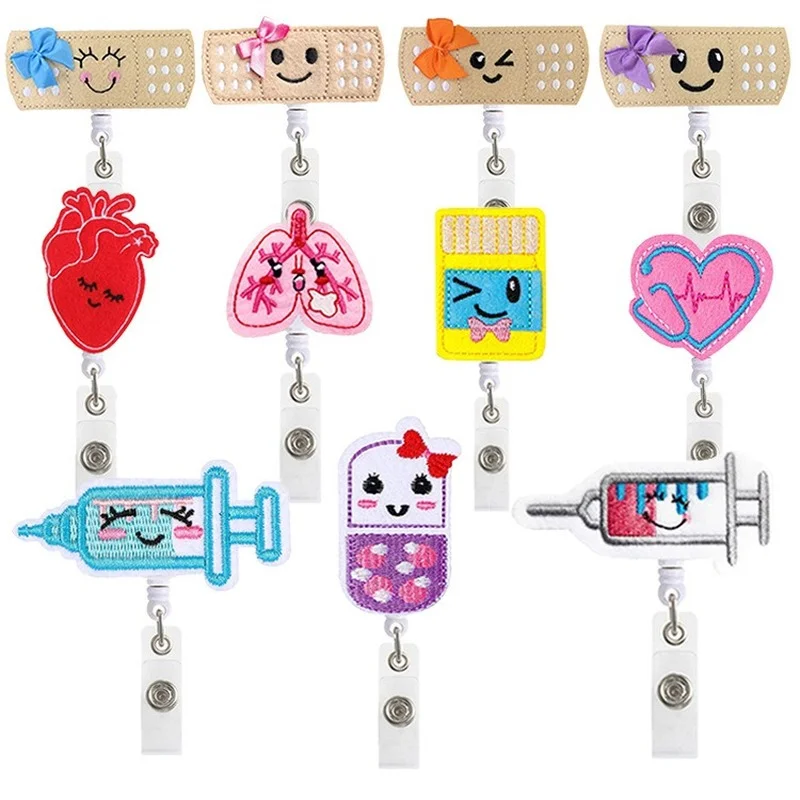 

Medical Workers Series Badge Reel Band Aid Style Flet Embroidery Retractable Rotatable Syringe Heart Work Pass Card Clip Reel