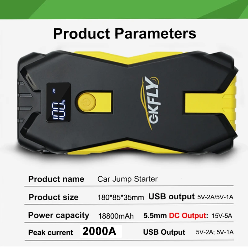 Car Jump Starter Portable 12V Petrol Diesel Starting Device Cables Portable Power Bank 2000A Car Battery Charger Buster