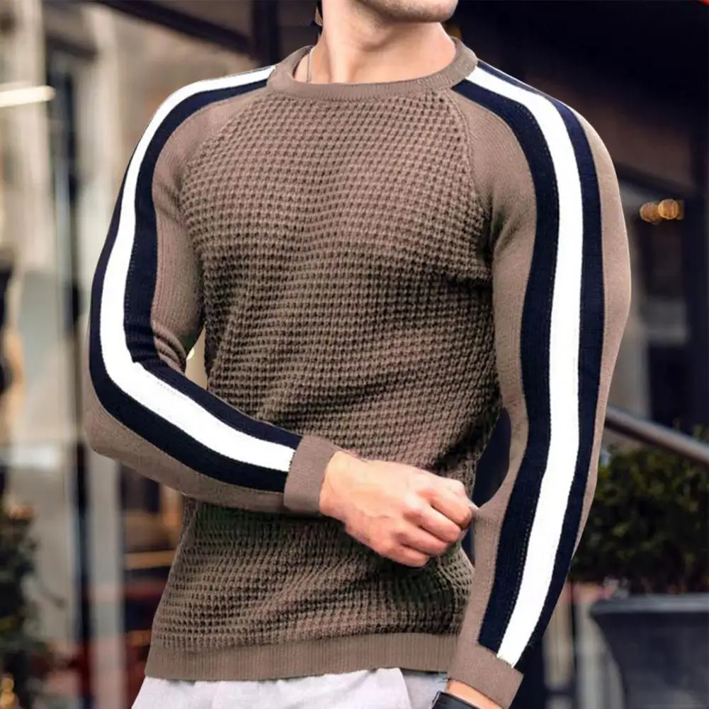 

Winter Sports Style Men Sweater Autumn Color Block O-Neck Long Sleeves Knitting Sweater Slim Fit Pullover Sweater Knitted Tops