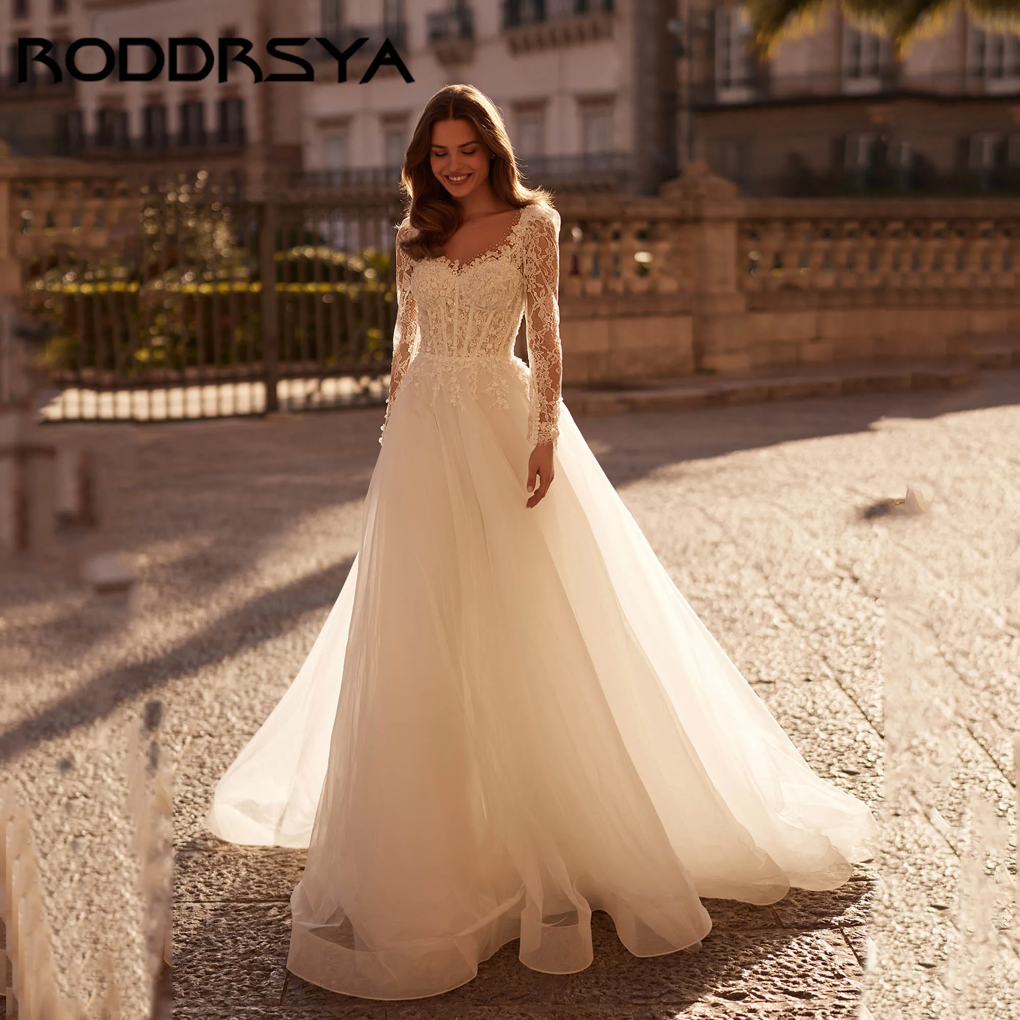 RODDRSYA Classic Elegance Wedding Dress A-line Long Sleeves Lace Bridal Gowns Women Tulle O-neck vestidos de novia Customized