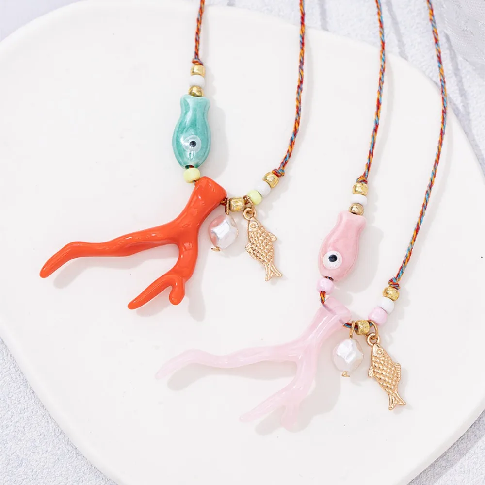 Bohemia Ocean Imitation Coral Glass Fish Pendant Necklace Multi-color Braided Rope Adjustable Women's Choker Party Jewelry Gifts