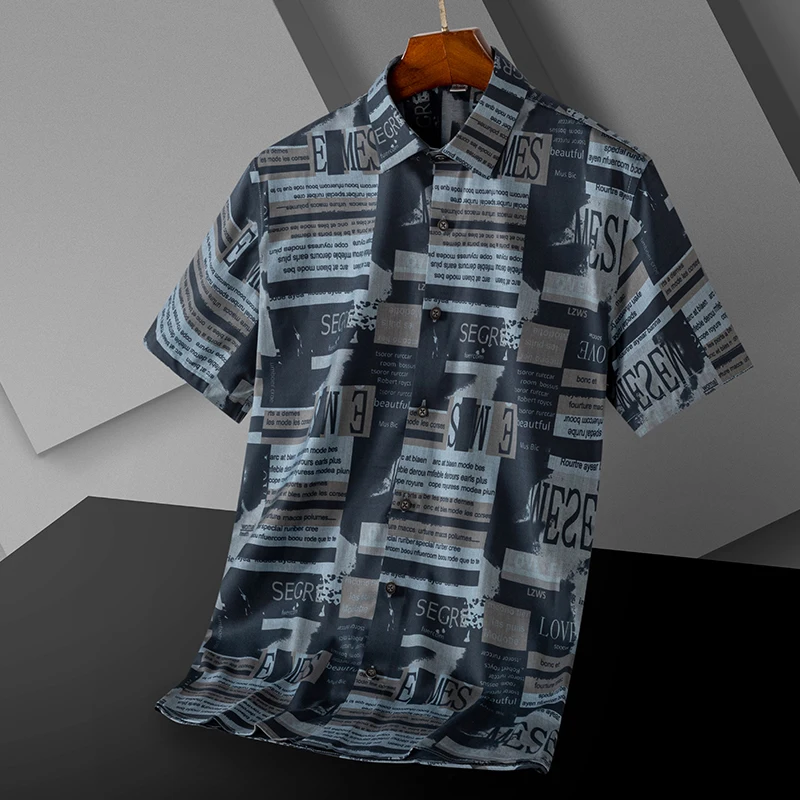 Summer New Men Short Sleeve Stretch Bamboo Fiber Dress Shirts Printed Soft Fashion Social Thin Smart Casual Shirt For Men