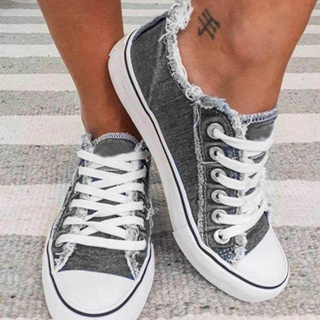 and Autumn Single Shoes Korean Denim Canvas Shoes Low Top Lace Casual Large Women's Shoes Flat Soled Student Shoes