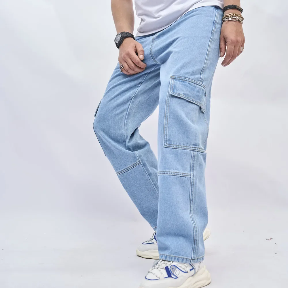 Streetwear Men Multi pocket Loose Straight Cargo Jeans Stylish Male Good Quality Casual Denim Pants