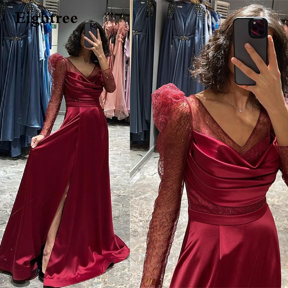 

Eightree Wine Red Tulle Long Satin Evening Party Dresses Long Sleeves Side Slit Sparkly Shiny Night Formal Prom Gown Dress