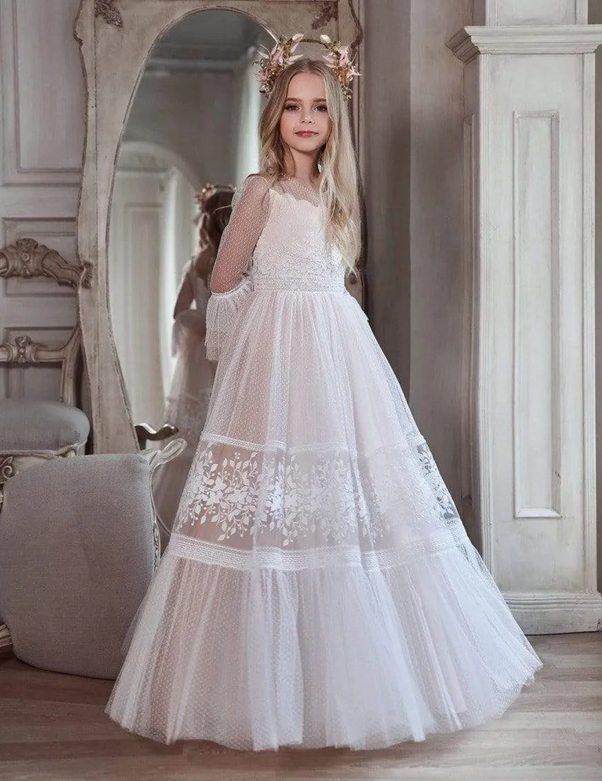 

Fluffy A-Line Flower Girl Dresses For Wedding Princess Dotted Tulle Wedding Guest Evening Kid First Communion Dress