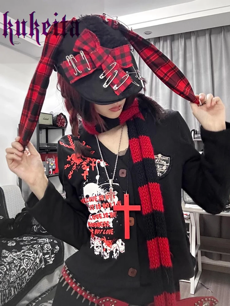 

Kukeita Gothic Punk Rock Pin Cross Design Long Rabbit Ear Hats Women Y2k Harajuku Black Lace Red Plaid Bow Beret Caps Streetwear