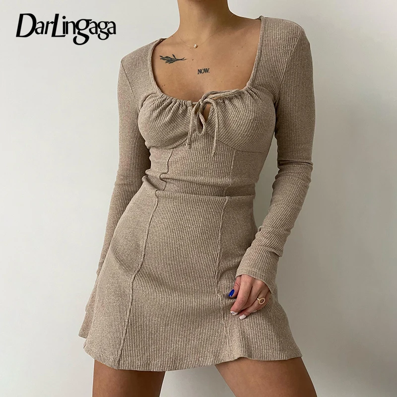 

Darlingaga Fashion Knitted Ribbed Stitch Autumn Dress Mini Solid Shirring A-Line Casual Dresses Women All-Match Elegant Outfits